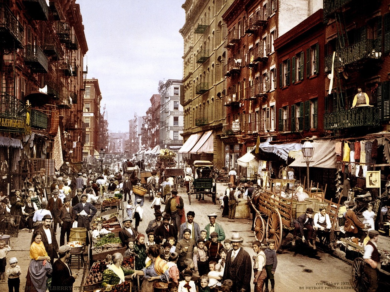 new york city, nyc, manhattan, mulberry street, photochrom, trade, market, dealer