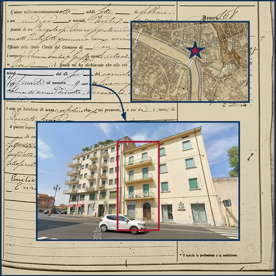 1898 Pisa birth record matched to the Catasto Leopoldino map and to the house where the birth took place