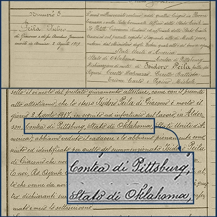 1921 death record from Pavone Canavese (Turin) for Isidoro, an Italian miner who died in Alderson, Oklahoma