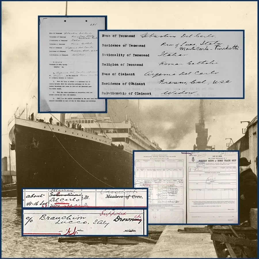Records of Titanic victim Sebastiano Del Carlo of Badia Pozzeveri (Lucca) and his widow Argene